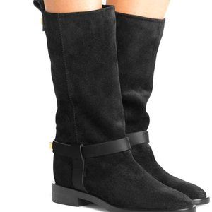 STUART Weitzman 10M Black suede calf high Boots with gold studs, & leather strap